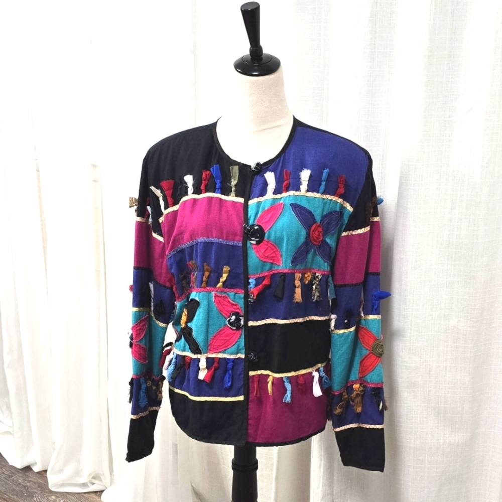 VTG Allure Patchwork Art to Wear Artsy Womens Jacket Size L Boho Chic Cottage